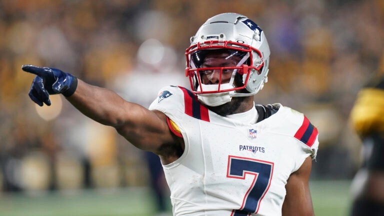 New England Patriots wide receiver JuJu Smith-Schuster celebrates catching a 37-yard pass during the first half of an NFL football game against the Pittsburgh Steelers on Thursday, Dec. 7, 2023, in Pittsburgh.