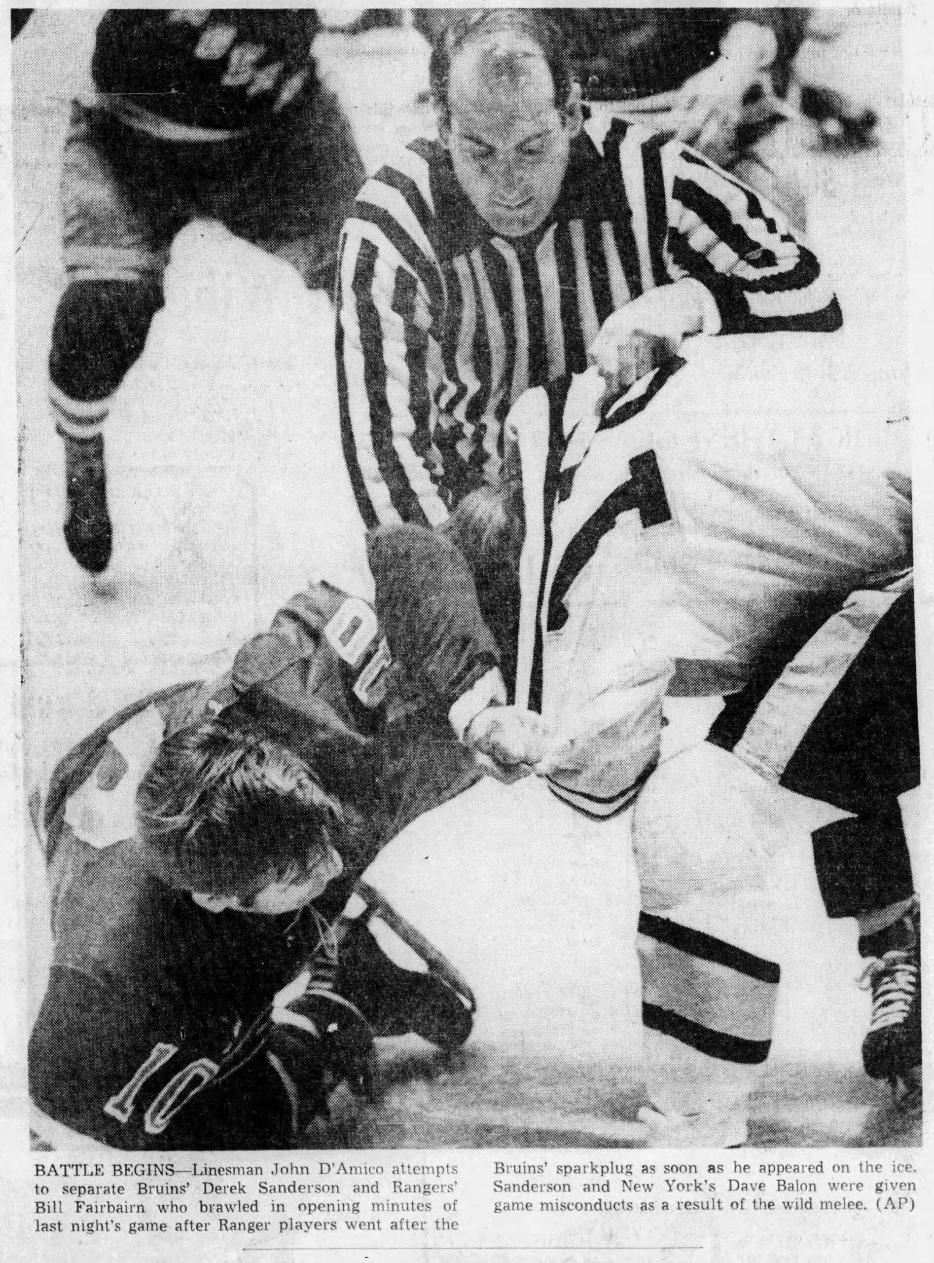 Derek Sanderson Bruins Rangers fight 1970