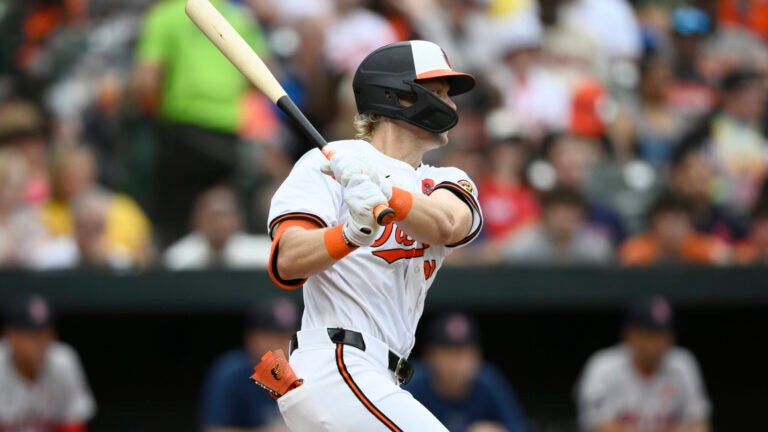 Baltimore Orioles' Kyle Stowers follows through on an RBI single during the seventh inning against the Red Sox, Monday, May 27, 2024, in Baltimore.
