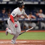 Boston Red Sox's Rafael Devers watches his ground out during the second inning of a baseball game against the Tampa Bay Rays Monday, May 20, 2024, in St. Petersburg, Fla.