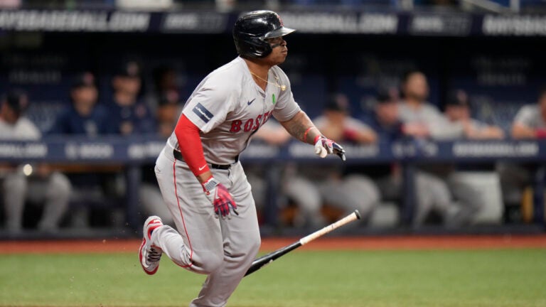 Boston Red Sox's Rafael Devers watches his ground out during the second inning of a baseball game against the Tampa Bay Rays Monday, May 20, 2024, in St. Petersburg, Fla.
