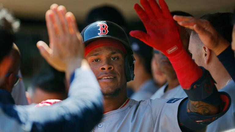 The Red Sox's Ceddanne Rafaela celebrates his two-run home run against the Minnesota Twins in the fifth inning.