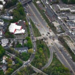 This aerial view looking south shows demolition crews working to finish removing the Fairfield Avenue bridge over Interstate 95, Saturday, May 4, 2024 in Norwalk, Conn.