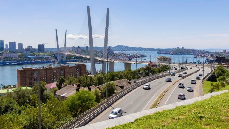 FILE - A view of the bridge connecting the Russky Island and Vladivostok, in Russia's far east, is seen on Aug. 26, 2023.