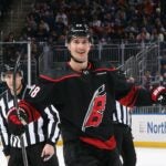 ELMONT, NEW YORK - MARCH 19: Martin Necas #88 of the Carolina Hurricanes celebrates his goal at 19:59 of the first period against the New York Islanders at UBS Arena on March 19, 2024 in Elmont, New York.