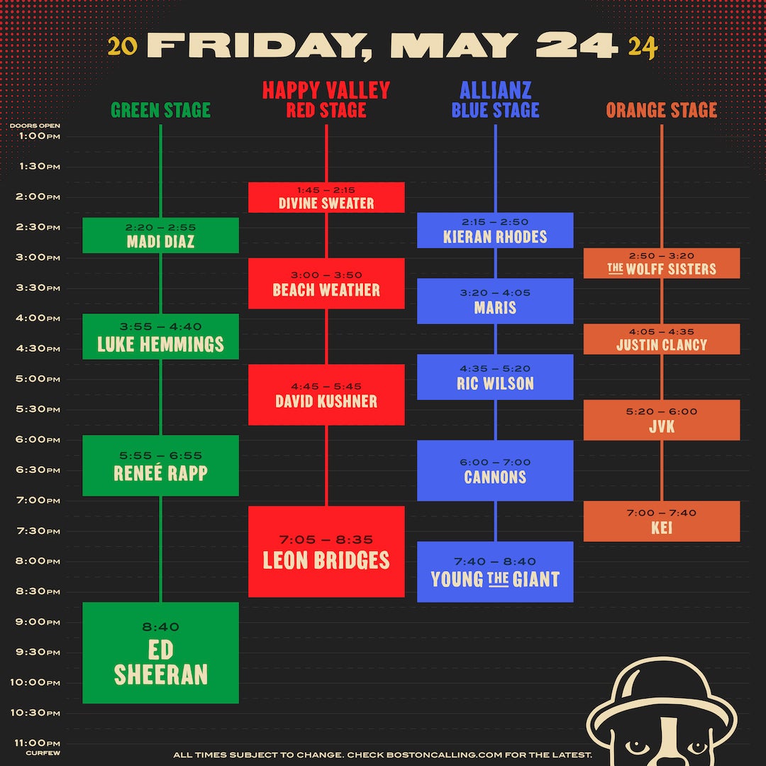 Boston Calling 2024 schedule and set times for Friday, May 24.