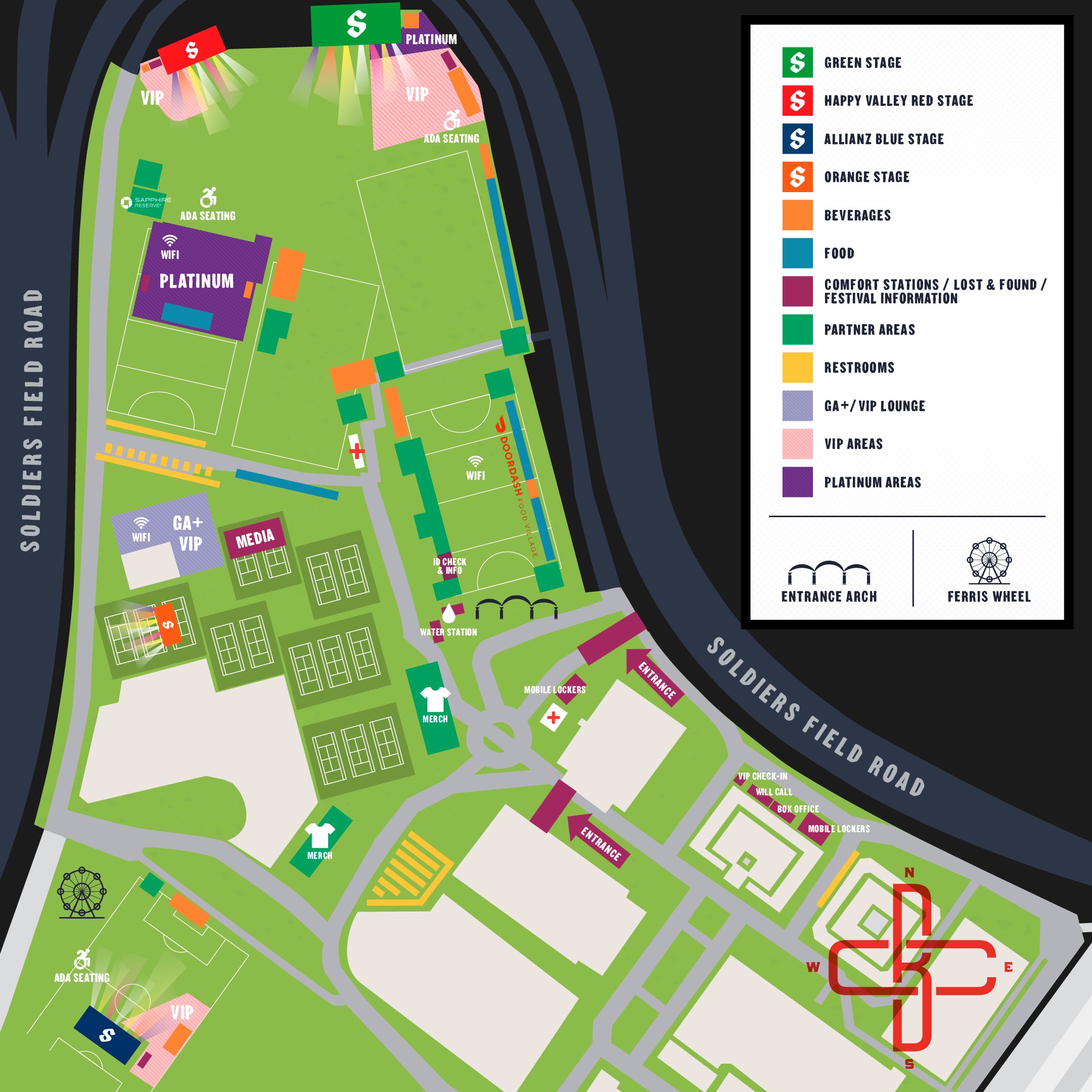 A map of the festival grounds at Boston Calling 2024.