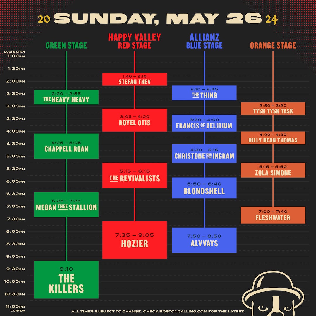 Boston Calling 2024 schedule and set times for Sunday, May 26.