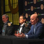 Charlie Jacobs, Chief Executive Officer of Delaware North and Chief Executive Officer and Alternate Governor for the Boston Bruins, Cam Neely, President, Don Sweeney, GM and Jim Montgomery, head coach during the team’s end of season press conference at TD Garden in Boston, MA.