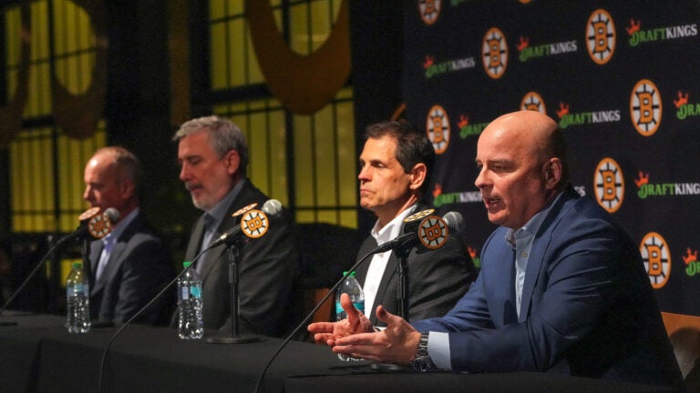 Charlie Jacobs, Chief Executive Officer of Delaware North and Chief Executive Officer and Alternate Governor for the Boston Bruins, Cam Neely, President, Don Sweeney, GM and Jim Montgomery, head coach during the team’s end of season press conference at TD Garden in Boston, MA.