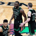 Boston Celtics guard Jaylen Brown (7) reacts to a call during the fourth quarter. The Boston Celtics host the Cleveland Cavaliers in Game 2 of the NBA Eastern Conference Finals.