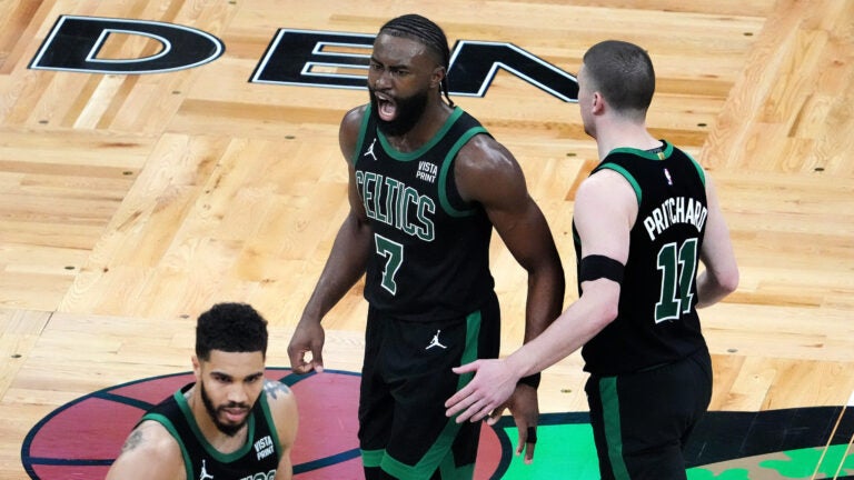 Boston Celtics guard Jaylen Brown (7) reacts to a call during the fourth quarter. The Boston Celtics host the Cleveland Cavaliers in Game 2 of the NBA Eastern Conference Finals.