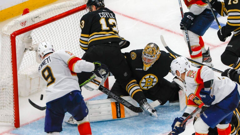 Florida Panthers center Sam Bennett (9) scores the game tying goal beating oston Bruins goaltender Jeremy Swayman (1) during third period action in game four of the Eastern Conference NHL second round Playoff game at TD Garden.