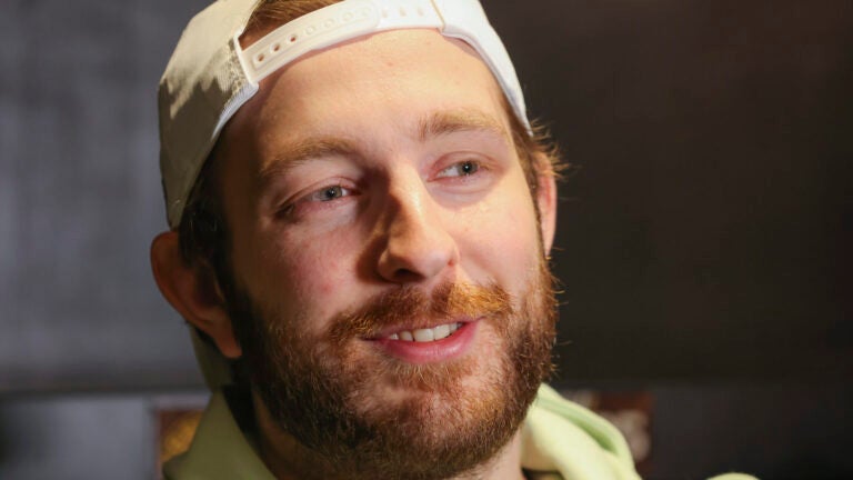 Boston Bruins goalie Linus Ullmark ponders his future with the team in front of his locker before he gets swarmed by the media at Warrior Arena after their second round loss to the Florida Panthers during the Eastern Conference NHL Stanley Cup Playoffs.