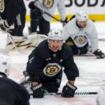 Boston Bruins left wing Brad Marchand (63) leading a team strech after an early skate before the Boston Bruins play the Florida Panthers in game one of the Eastern Conference NHL Playoffs at Amerant Bank Arena.