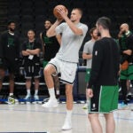 Kristaps Porzingis took part in Boston's shoot around on Thursday.