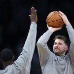 Luka Doncic of the Dallas Mavericks warms up before Game Two of the 2024 NBA Finals against the Boston Celtics at TD Garden.