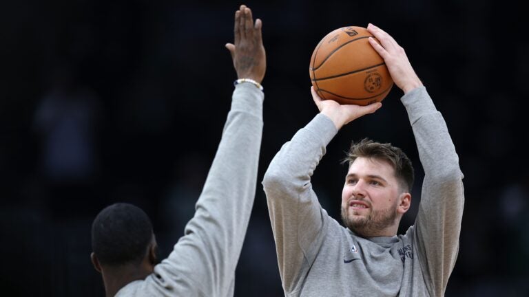 Luka Doncic of the Dallas Mavericks warms up before Game Two of the 2024 NBA Finals against the Boston Celtics at TD Garden.