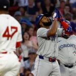 Vladimir Guerrero Jr. of the Toronto Blue Jays looks skyward after his two-run double against the Red Sox during the fourth inning Tuesday night.