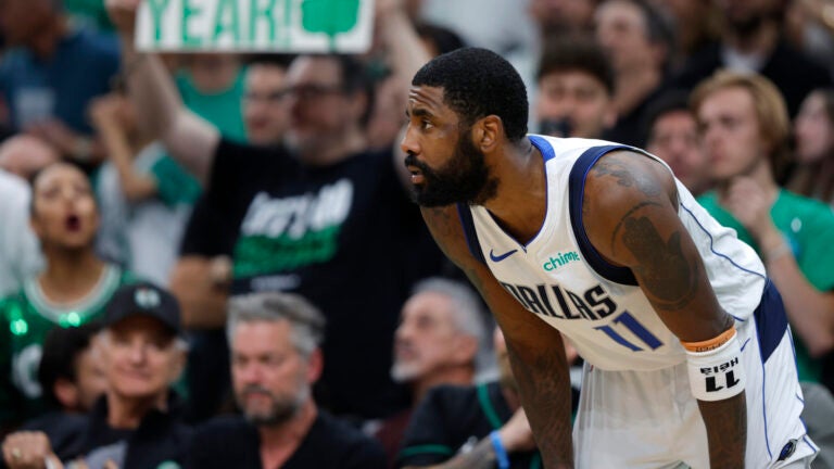 Dallas Mavericks guard Kyrie Irving (11) watches a play during the third quarter in Game 2 of the NBA Finals. The Boston Celtics hosted the Dallas Mavericks at TD Garden on Sunday, June 9, 2024.