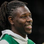 Boston Celtics guard Jrue Holiday (4) practices on the court of TD Garden on Saturday afternoon.
