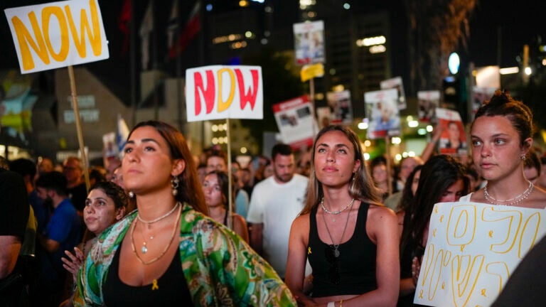 Relatives and supporters of the Israeli hostages held in the Gaza Strip by the Hamas militant group call for their release during rally in Tel Aviv, Israel.
