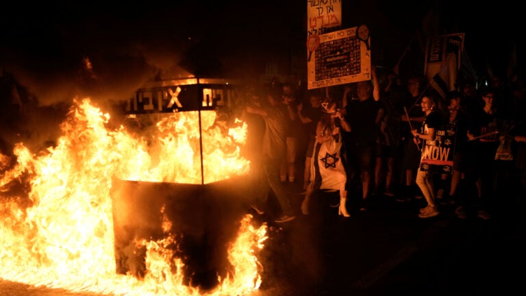 People protest against Israeli Prime Minister Benjamin Netanyahu's government in Tel Aviv, Israel.