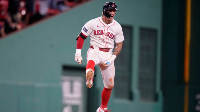 Boston Red Sox's Jarren Duran celebrates after his walk-off RBI single.