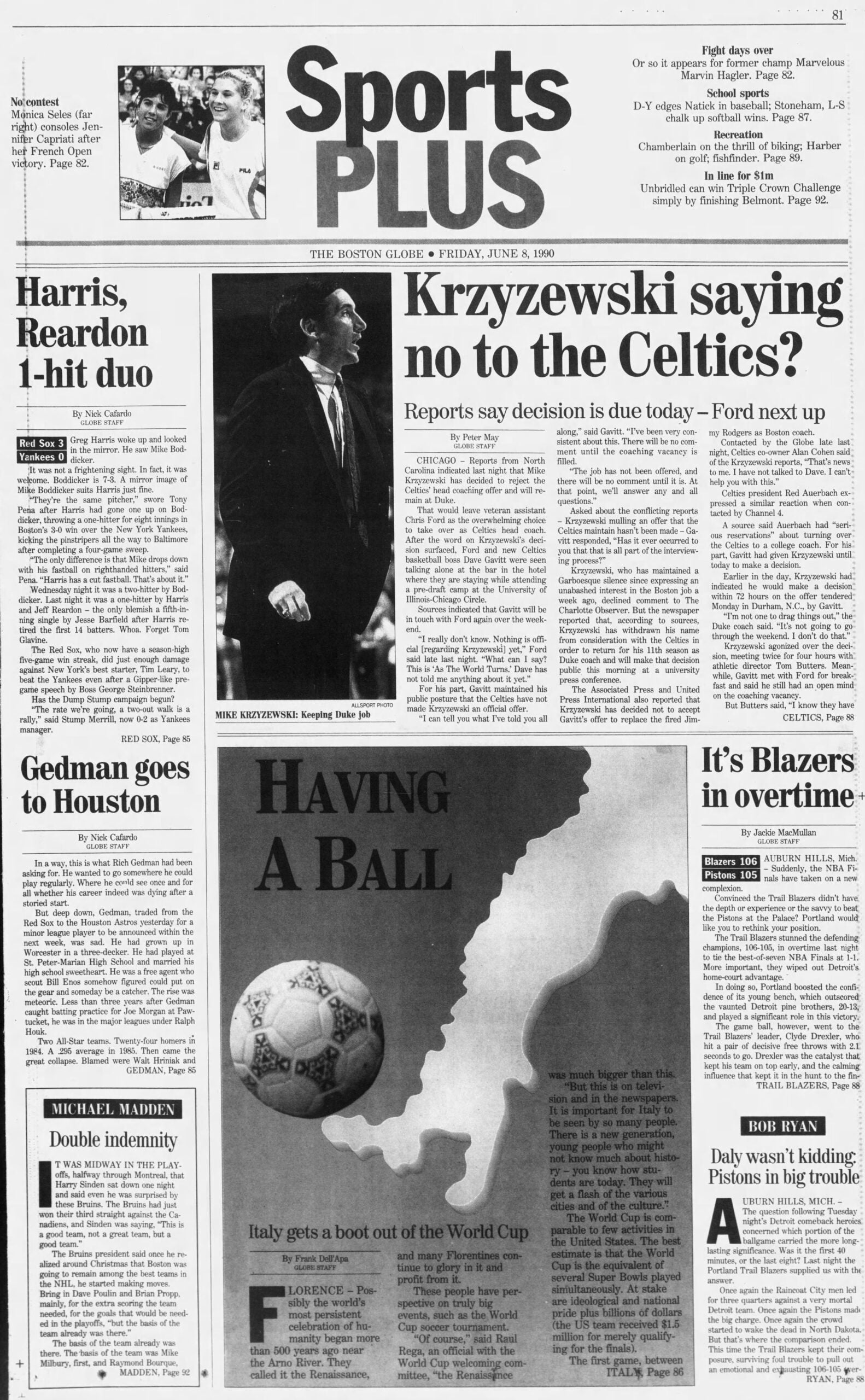 Boston Globe sports page June 1990