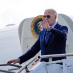 President Joe Biden waves as he arrives on Air Force One at Westchester County Airport in White Plains, N.Y., Monday, June 3, 2024.