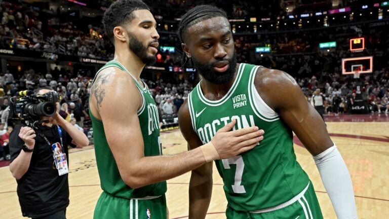 Jayson Tatum #0 of the Boston Celtics and Jaylen Brown #7 of the Boston Celtics celebrate after Game Four of the Eastern Conference Second Round Playoffs at Rocket Mortgage Fieldhouse on May 13, 2024 in Cleveland, Ohio.