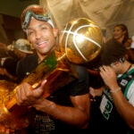 Boston Celtics center Al Horford (42) celebrates in the locker room after Game 5 of the NBA Finals. The Boston Celtics hosted the Dallas Mavericks at TD Garden on Monday, June 17, 2024.