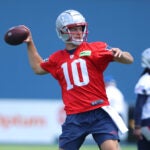 Patriots quarterback Drake Maye passed during Patriots mini camp at Gillette Stadium.