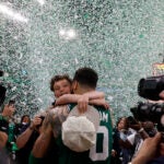 Boston Celtics forward Jayson Tatum (0) celebrates with his son Deuce after Game 5 of the NBA Finals. The Boston Celtics hosted the Dallas Mavericks at TD Garden on Monday, June 17, 2024.