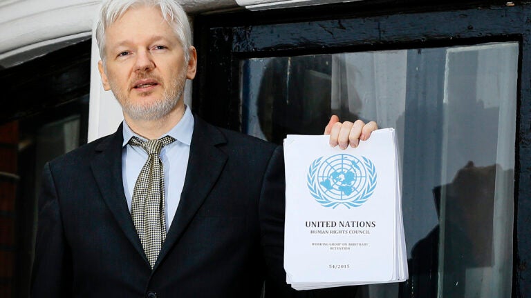 FILE - WikiLeaks founder Julian Assange speaks on the balcony of the Ecuadorean Embassy in London, Feb. 5, 2016.