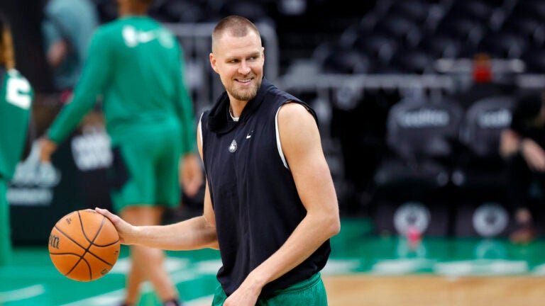 Boston Celtics center Kristaps Porzingis on the court during practice at TD Garden on Sunday. The Celtics will face the Dallas Mavericks in Game 5 of the NBA Finals on Monday.