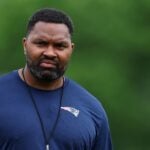 FOXBOROUGH, MASSACHUSETTS - MAY 29: New England Patriots head coach Jerod Mayo looks on during the New England Patriots OTA Offseason Workout on May 29, 2024 in Foxborough, Massachusetts.