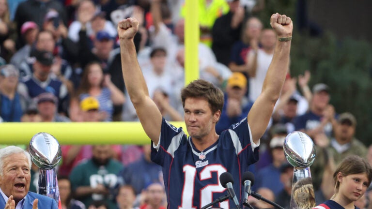 Former New England Patriots quarterback Tom Brady is honored at half time. The New England Patriots hosted the Philadelphia Eagles in their NFL season opening game on Sept. 10 at Gillette Stadium in Foxborough.