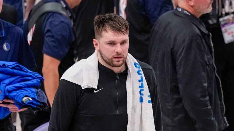 Dallas Mavericks guard Luka Doncic heads to the lockers after Game 3 of the NBA basketball finals against the Boston Celtics, Wednesday, June 12, 2024, in Dallas. The Celtics won 106-99.