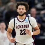 Gonzaga forward Anton Watson (22) runs up court during the second half of a first-round college basketball game against McNeese State in the NCAA Tournament in Salt Lake City, Thursday, March 21, 2024.