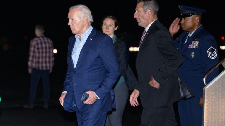 President Biden steps off Air Force One upon arrival at Hagerstown Regional Airport in Hagerstown, Maryland en route to Camp David on June 29, 2024.