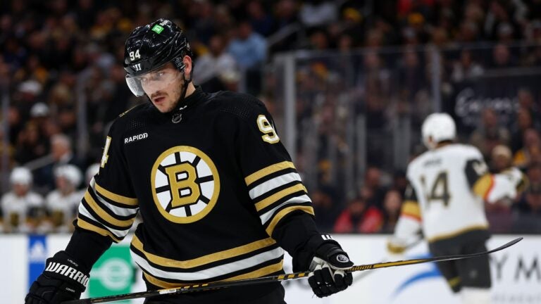 BOSTON, MASSACHUSETTS - FEBRUARY 29: Jakub Lauko #94 of the Boston Bruins looks on during the second period against the Vegas Golden Knights at TD Garden on February 29, 2024 in Boston, Massachusetts.