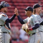 Detroit's Carson Kelly, left, Wenceel Pérez, center, and Andrew Chafin, right, celebrate after beating the Red Sox Sunday, June 2, 2024, in Boston.