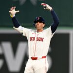 BOSTON, MASSACHUSETTS - APRIL 16: Triston Casas #36 of the Boston Red Sox gestures after hitting a double against the Cleveland Guardians during the second inning at Fenway Park on April 16, 2024 in Boston, Massachusetts.