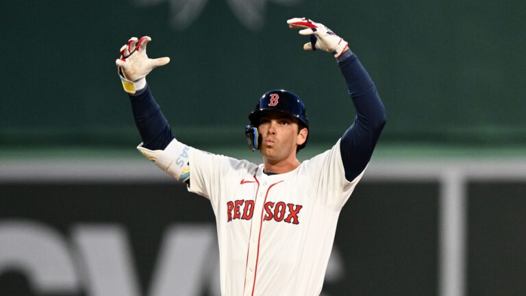 BOSTON, MASSACHUSETTS - APRIL 16: Triston Casas #36 of the Boston Red Sox gestures after hitting a double against the Cleveland Guardians during the second inning at Fenway Park on April 16, 2024 in Boston, Massachusetts.