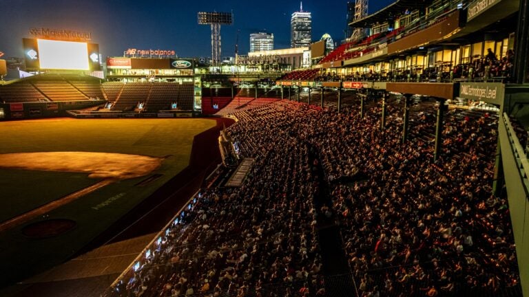 Fans watch a screening of "Shrek" at Fenway Park on August 22, 2023.