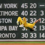 Bananas left fielder RobertAnthony Cruz does a backflip at Fenway Park.