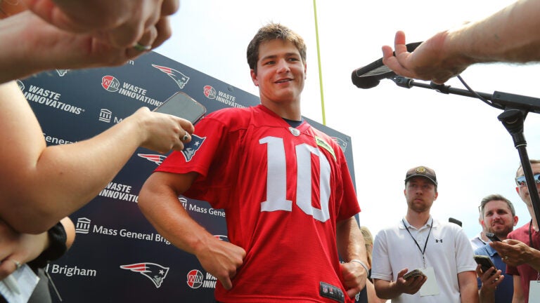 The Patriots held OTA’s at the Gillette Stadium practice field. Qb Drake Maye talks to the media after practice.