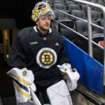 Boston Bruins goalie Linus Ullmark (35) walks into the ice before the start of practice the day before they play the Toronto Maple Leafs during the NHL Playoffs in game 4, of round 1, on Saturday night at Scotiabank Arena.