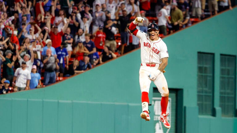 Boston Red Sox Jarren Duran celebrates his walk off game winning double against the Toronto Blue Jays during ninth inning MLB action at Fenway Park.